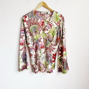 100% Silk Long Sleeve V-Neck Blouse with Flared Sleeves